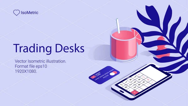 Illustration Workplace Trader Work Desk Isometric Banner Vector Illustration Landing — Stock Vector