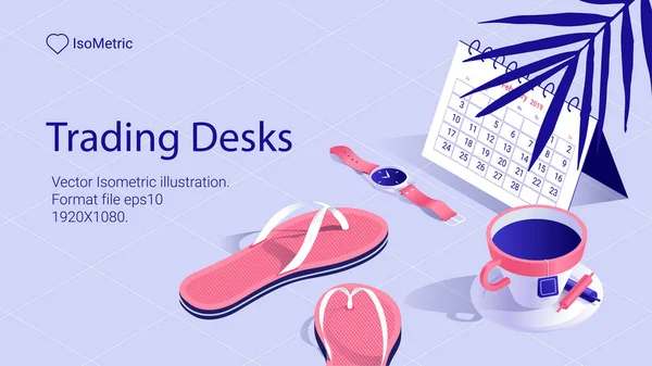 İşyeri tüccar, çalışma masası, izometrik afiş, illüstrasyon vektör çizim açılış veya web sitesi için