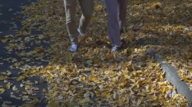 Yürüyen çift sonbahar yapraklarını dağıtır. 