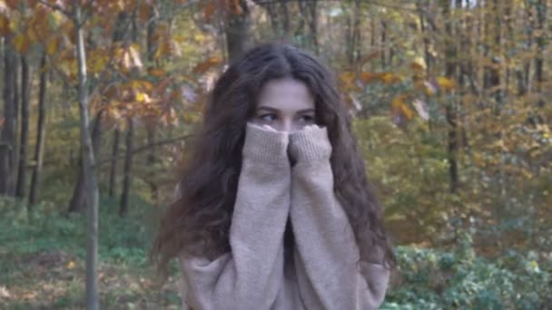 Beautiful Girl Covers Her Face Hand — Stock Video