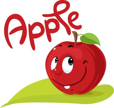 Apple karakter düz tasarımı metin ve yaprak simgesiyle
