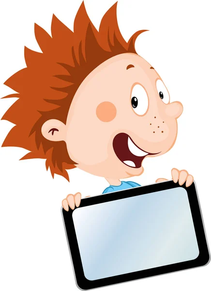 Cheerful Little Boy Tablet Vector Illustration — Stock Vector