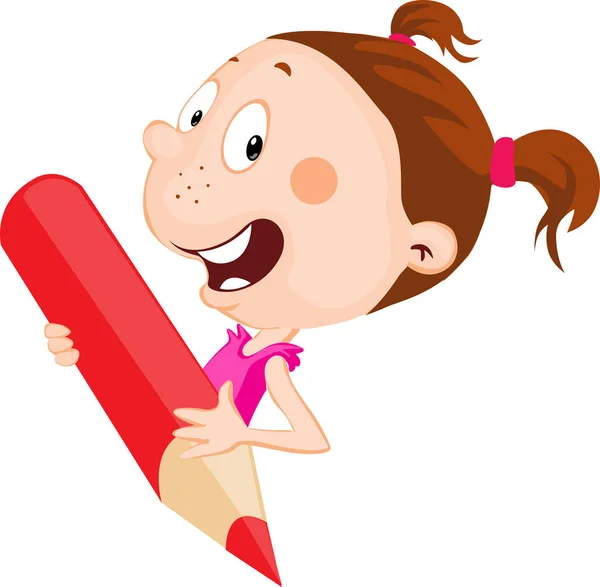 Cheerful Little Girl Holds Red Pencil Peeking Out Flat Design — Stock Vector