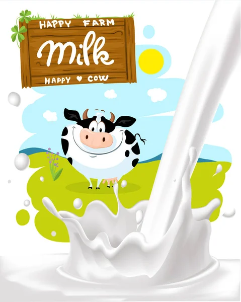 Milchspritzer Mit Bemaltem Naturbauernhof Holzbrett Und Milch Logo Vektor Illustration — Stockvektor