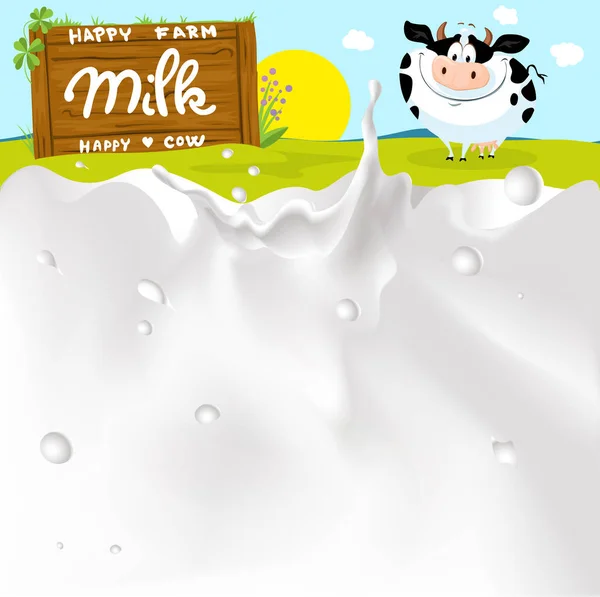 Salpicadura Leche Blanca Fondo Granja Con Vaca Campo Verde Sol — Vector de stock