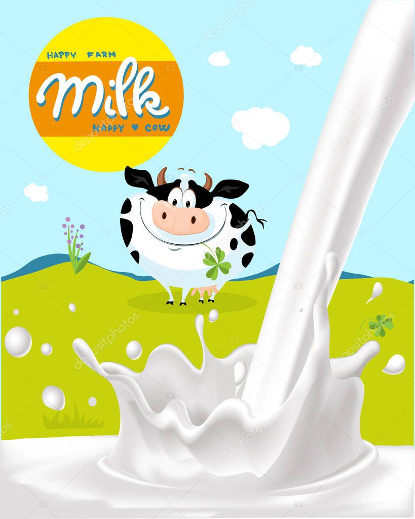 Milk Splash, Cow and Green Farm Land Design with Logo - Vector Illustration