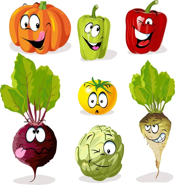 Cartoon Vegetable Funny Faces Vector Illustration Character Dalam Bahasa Inggris - Stok Vektor