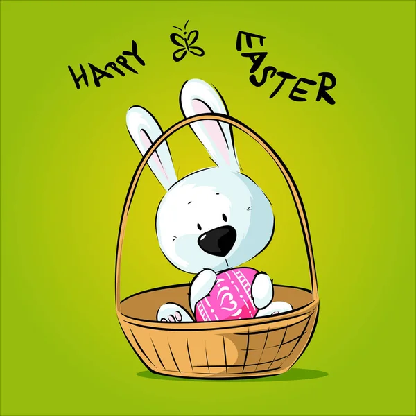 White Easter Bunny Hold Egg Sitting in Basket - Happy Easter Vector Illustratio — Stock Vector