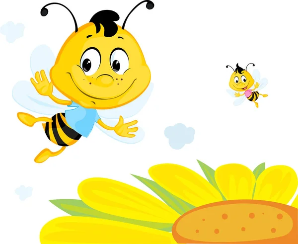 Bee Flies over Yellow Flower - Cute Vector Cartoon Illustration — Stock Vector