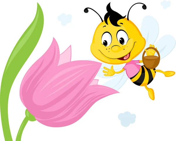 Bee Collects Honey From a Tulip - Ute Vector Illustration — Stock Vector