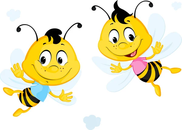 Two Bees Flying Cartoon isolated on White - Vector Illustration — Stock Vector