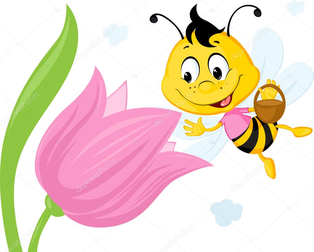 Bee Collects Honey From a Tulip - Ute Vector Illustration
