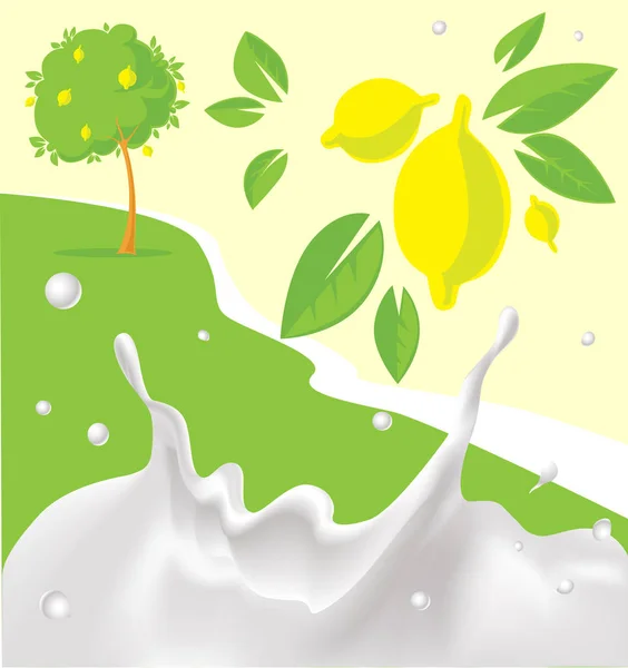 Lemon Tree z Lemon Flat świeży Design z cytrusów i mleko Splash-wektor ilustracji — Wektor stockowy