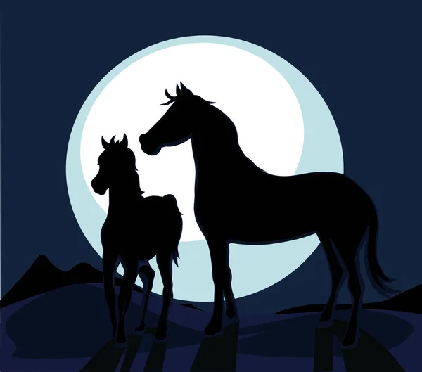 Black Horses Silhouette - Mare and Foal in front of  Midnight Moon - Vector Illustration — Stock Vector