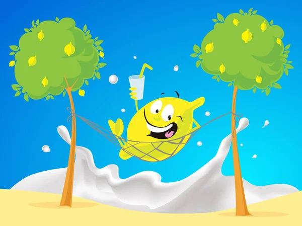 Limone personaggio Riposo in amaca sulla spiaggia da latte Splashing Sea - Illustrazione vettoriale — Vettoriale Stock