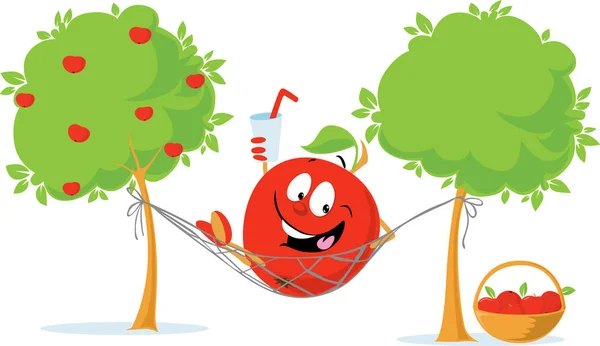 Apfel-Cartoon-Figur liegt nach Herbst-Apfelernte in Hängematte und trinkt Cider - Vektor-flaches Design — Stockvektor