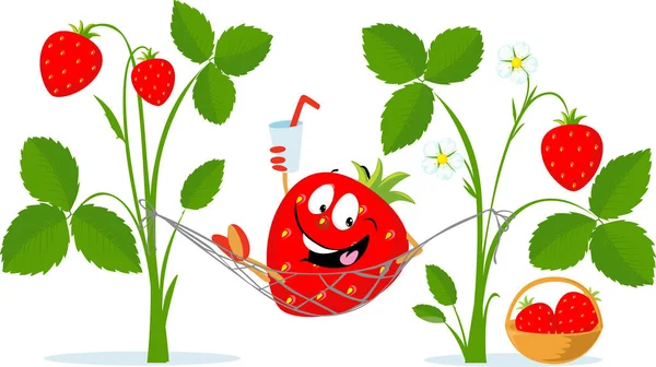 Erdbeercharakter Rest Hängematte Getränkesaft Vector Cartoon Illustration Flaches Design — Stockvektor