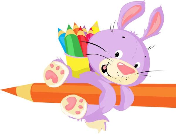 Cute Bunny Hold Crayon Funny Vector Cartoon — 스톡 벡터