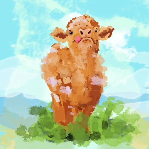 带有草色和天空背景的可爱的抽象棕色奶牛水彩画 — 图库照片