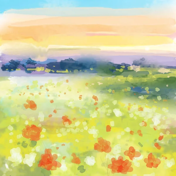 Abstrakte Sonnenuntergangslandschaft Mit Roten Und Weißen Blumen Aquarell Illustration — Stockfoto