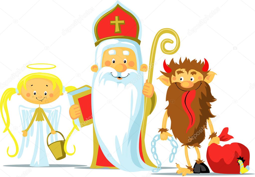 Saint Nicholas, Devil and Angel - Vector Illustration Isolated on White Background. During the Christmas Season they are Warning and Punishing Bad Children and Give Gifts to Good Children.