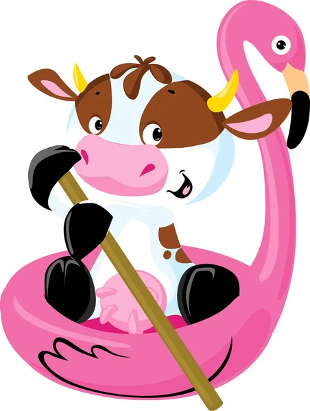 Vache Mignonne Flottant Sur Flamant Gonflable Illustration Vectorielle — Image vectorielle