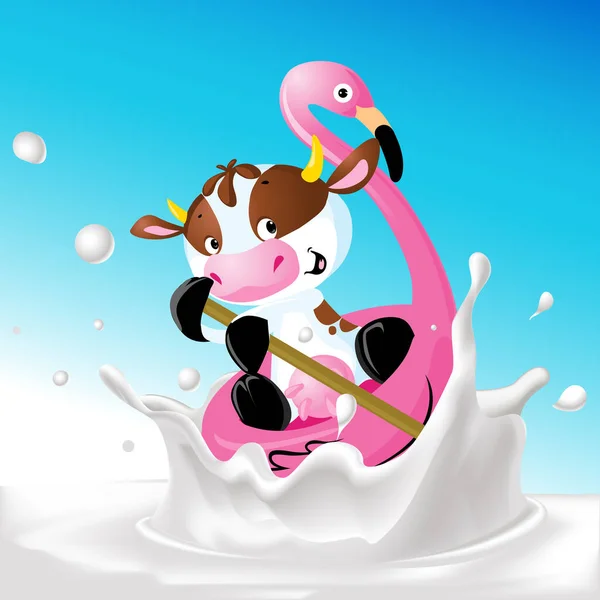 Funny Cow Flamingo Boat Εικονογράφηση Διάνυσμα — Διανυσματικό Αρχείο