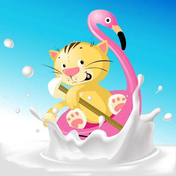 Grappige Kat Flamingo Boot Milk Splash Grappige Vector Illustratie — Stockvector