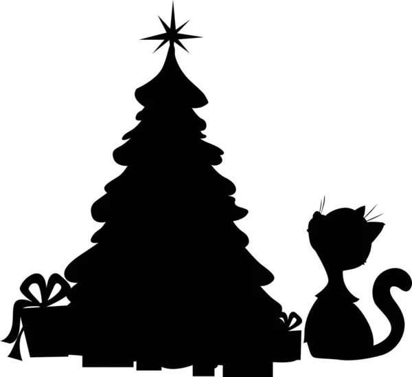 Cat Christmas Tree Silhouette Vector Illustration White — 스톡 벡터