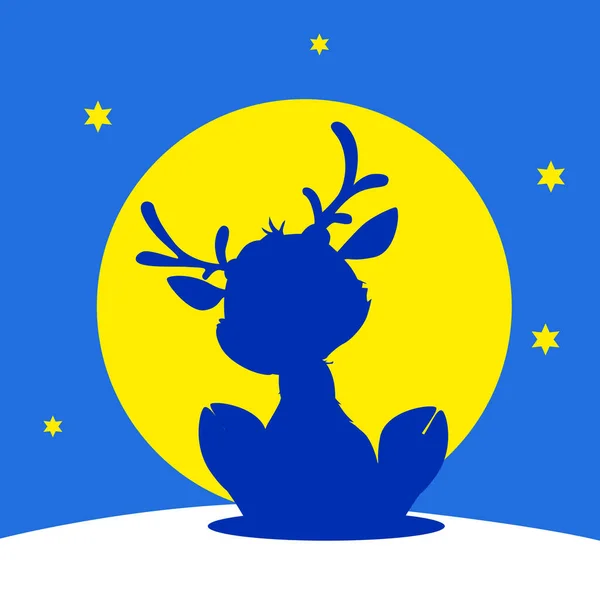 Cute Reindeer Cartoon Vector Silhouette Snow Night Moon Scene — Stock Vector
