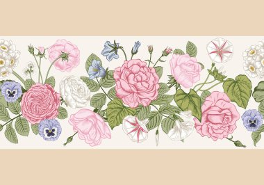 Çiçeklerle kusursuz bir sınır. Çiçek açan bahçe. Vektör illüstrasyonu.