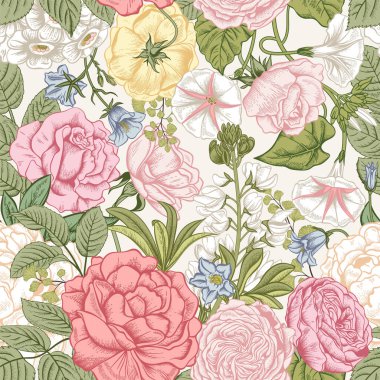 Çiçeklerle kusursuz desen. Çiçek açan bahçe. Vektör illüstrasyonu.