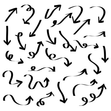 El çizimi Oklar simgeleri ayarlandı. Çeşitli yönlerde ok simgesi. Doodle vektör çizimi. beyaz arkaplanda izole edilmiş.