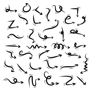 El çizimi Oklar simgeleri ayarlandı. Çeşitli yönlerde ok simgesi. Doodle vektör çizimi. beyaz arkaplanda izole edilmiş.