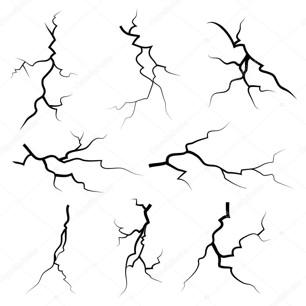 hand drawn cracked glass, wall, ground. lightning storm effect. doodle break set. vector illustration