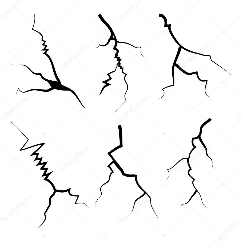 hand drawn cracked glass, wall, ground. lightning storm effect. doodle break set. vector illustration