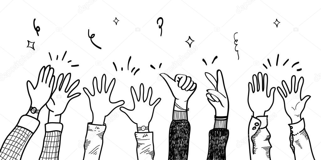 hand drawn of hands up, clapping ovation. applause, thumbs up gesture on doodle style , vector illustration