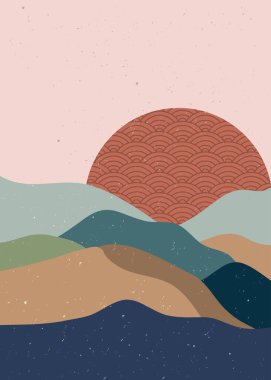 Soyut çağdaş. Dağ manzarası posteri. Geometrik manzara arka planı Asya tarzı Japon tarzında. vektör illüstrasyonu