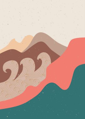 Soyut çağdaş. Dağ manzarası posteri. Geometrik manzara arka planı Asya tarzı Japon tarzında. vektör illüstrasyonu