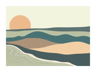 Orta çağ modern minimalist. Soyut doğa, deniz, gökyüzü, güneş, nehir, kaya dağı manzarası posteri. Geometrik manzara arka planı İskandinav tarzında. Vektör illüstrasyonu