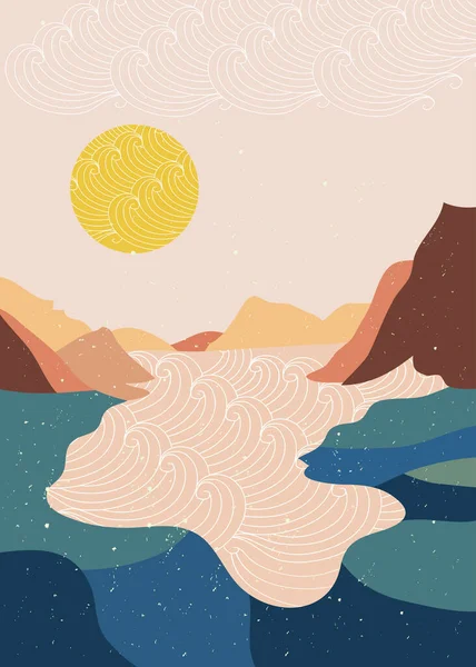 Soyut Dağ Manzarası Posteri Geometrik Manzara Arka Planı Asya Tarzı — Stok Vektör