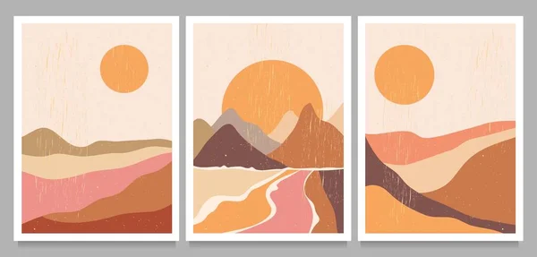 Orta çağ modern minimalist seti. Soyut doğa, deniz, gökyüzü, güneş, kaya dağı manzarası posteri. Geometrik manzara arka planı İskandinav tarzında. Vektör illüstrasyonu