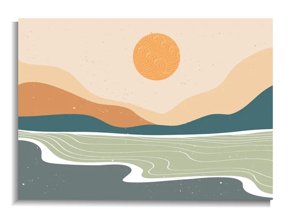 Orta çağ modern minimalist. Soyut doğa, deniz, gökyüzü, güneş, nehir, kaya dağı manzarası posteri. Geometrik manzara arka planı İskandinav tarzında. Vektör illüstrasyonu;