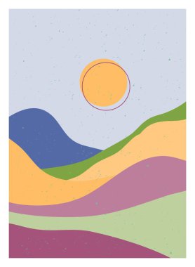 Orta yüzyıl modern minimalist sanat baskısı. Soyut çağdaş estetik arka planlar. Güneş, Ay, deniz, dağlar. vektör çizimleri