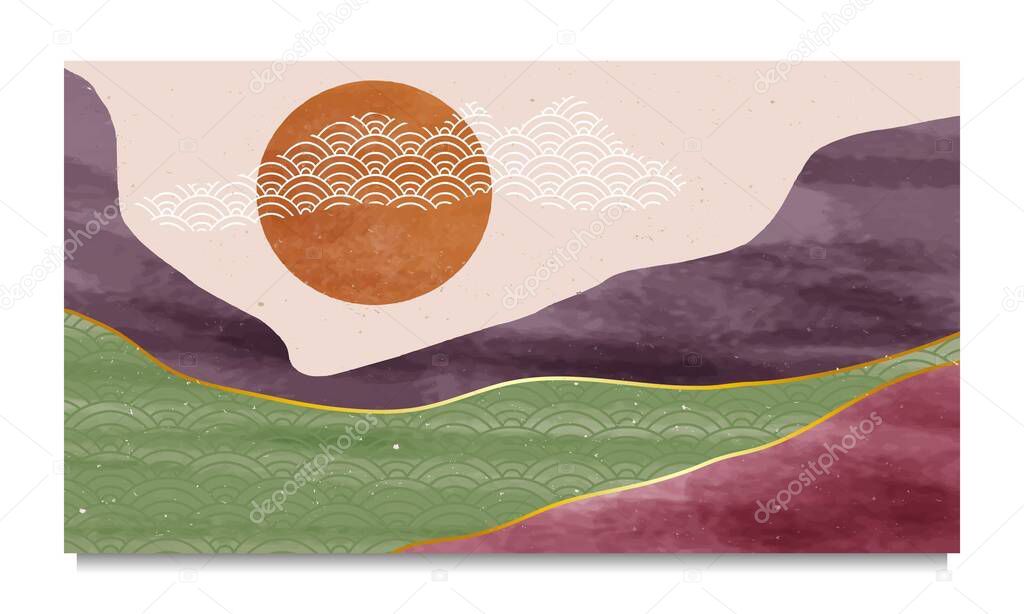 set of Mid century modern minimalist. Abstract nature, sea, sky, sun, rock mountain landscape poster. Geometric landscape background in japanese style. Vector illustration