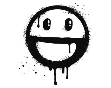 gülen surat emoji karakteri. Sprey boyalı grafiti gülümseyen yüz beyaza siyaha boyanmış. beyaz arkaplanda izole