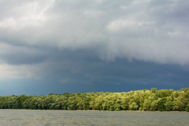 arka plan ile karanlık fırtına bulutları. Tuna'nın riverside adlı bir gök gürültüsü fırtına öncesi kara bulutlar.