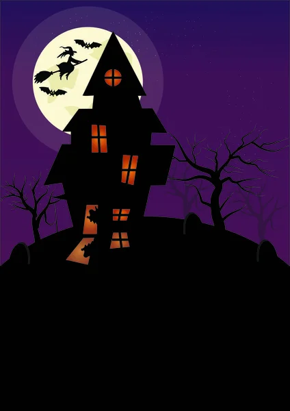 Halloween Fondo Vertical Con Bruja Murciélagos Embrujada Casa Luna Llena — Vector de stock