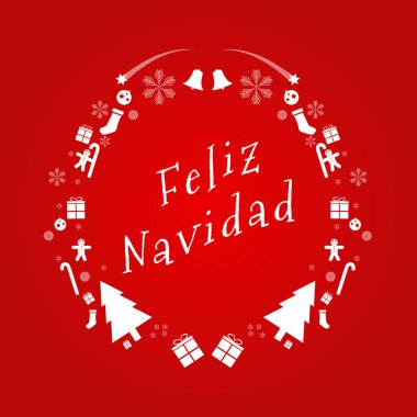 Mutlu Noeller vektör metin İspanyolca. Tasarım kartı şablonu. Yaratıcı Noel varlıkları dekorasyon hediye Poster tebrik tatil için. Noel ağacı, Bell, Hediyelik, başlar, kar taneleri vb.