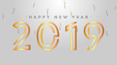 Altın metin ve konfeti ile 2019 mutlu yeni yıl arka plan. Altın ve siyah renkleri.